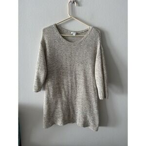 J JILL Open Knit Sweater Womens Size L Beige Tan 3/4 Sleeve Pullover Classic